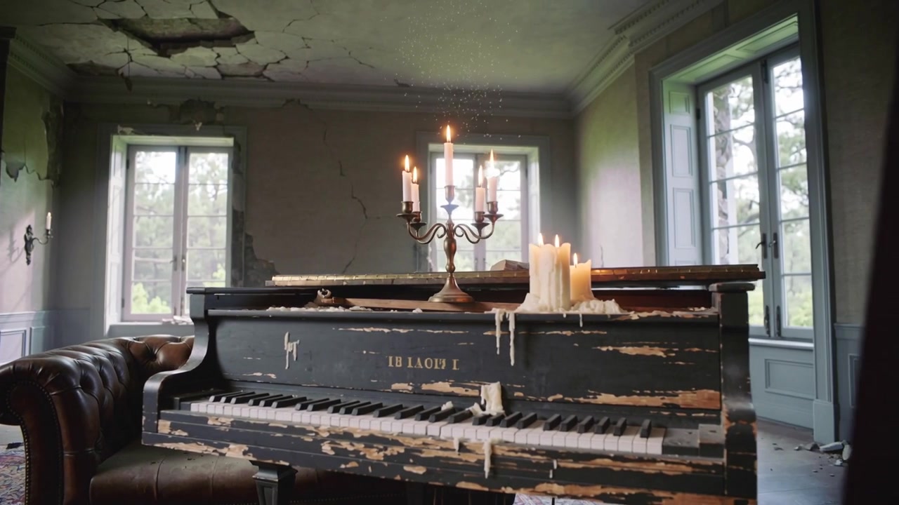 Rivelando un pianoforte a coda usurato, la telecamera si sposta a destra e una tenda si muove nel salotto, con un candelabro.