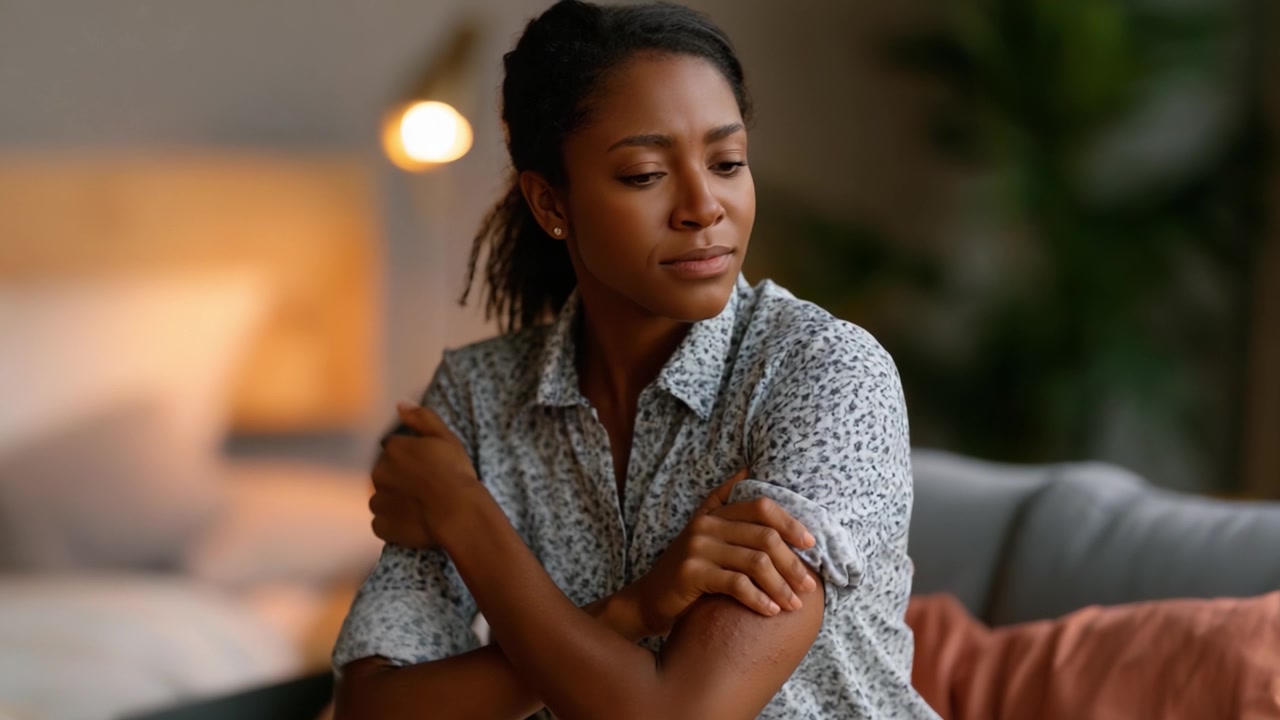 Jovem Mulher em Reflexão Profunda: Emocionalmente Envolvida e Contemplando os Desafios da Vida num Ambiente Interno Aconchegante