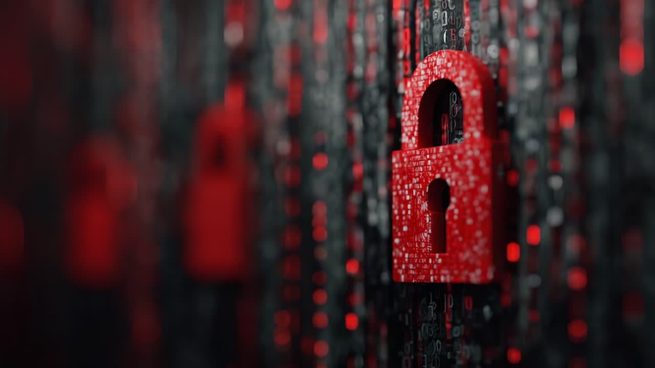 A Captivating Display of Cybersecurity: Red Padlocks Against a Backdrop of Binary Code, Emphasizing the Importance of Data Protection and Modern Security Measures