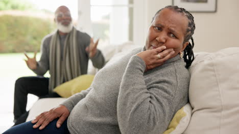 senior, couple and angry on couch with conflict