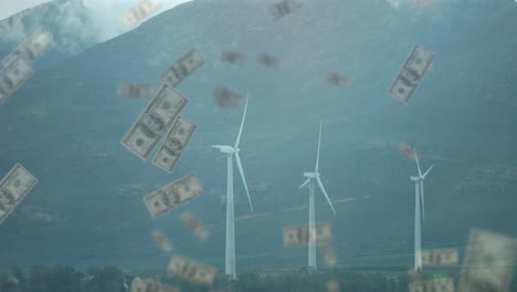 wind turbines generating energy over falling dollar bills in mountainous landscape animation