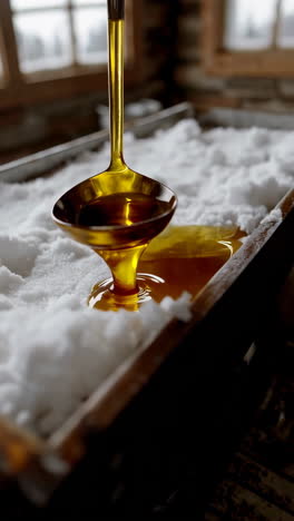 making maple taffy on snow in a rustic cabin
