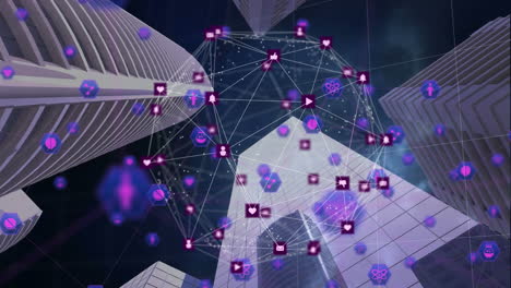 Animation of globe with connections, data processing over 3d cityscape