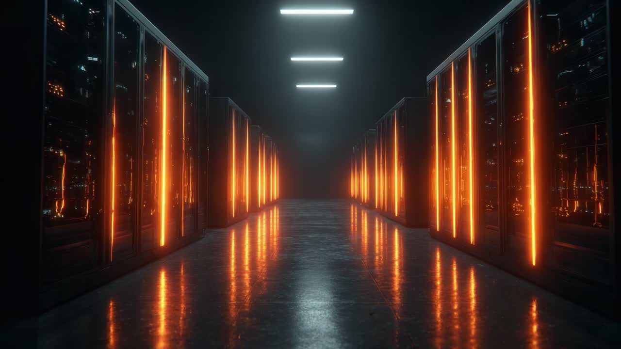 A captivating view of a high-tech server room illuminated with vibrant orange lights, showcasing rows of advanced data storage systems against a dark backdrop