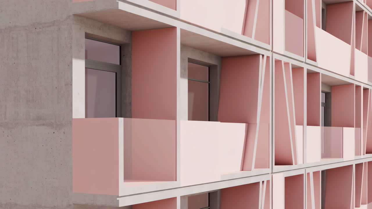 Modern Building Facade with Pink Geometric Elements
