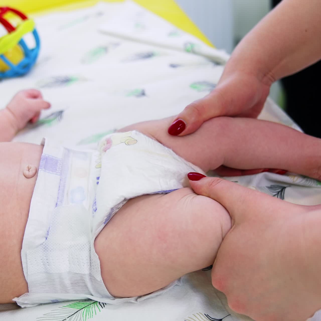 Una dottoressa controlla lo sviluppo di un bambino. La pediatra gira il piedino del neonato ed esamina la gamba. Primo piano.