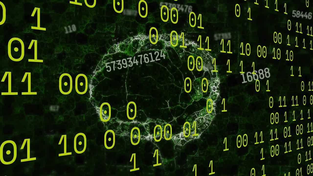 animación de codificación binaria, cerebro humano y red de conexiones