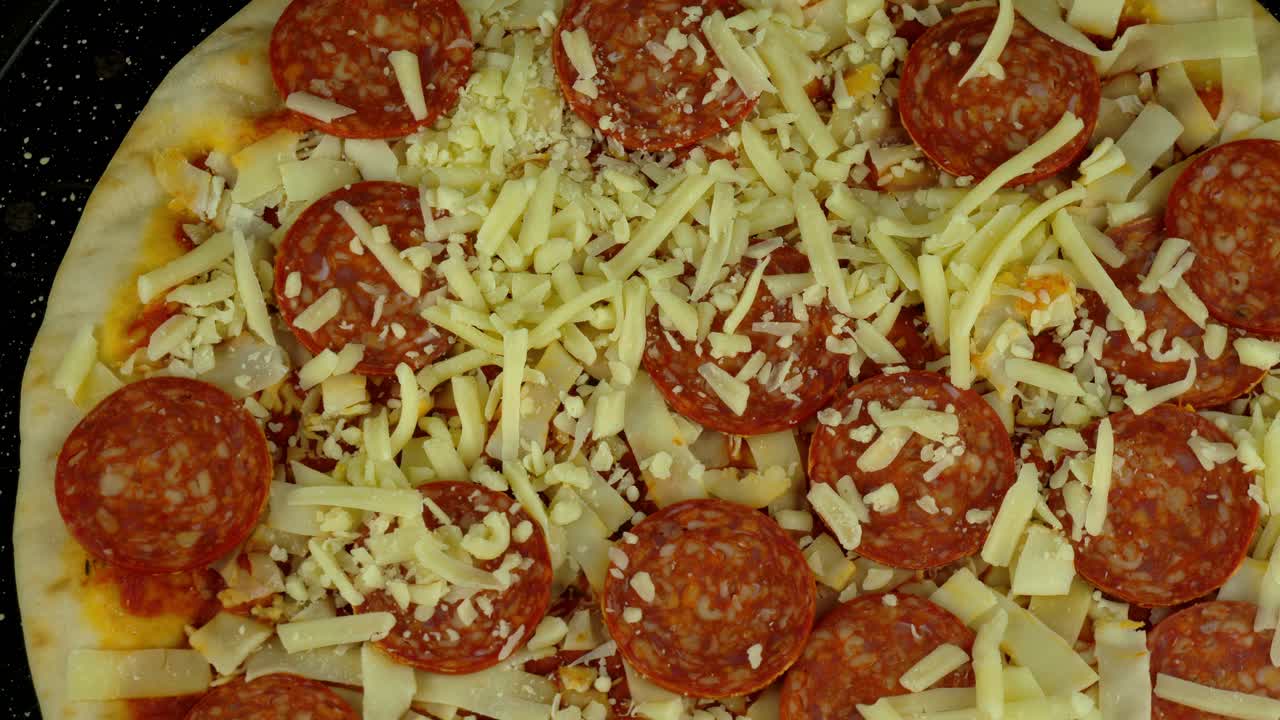 vista de arriba hacia abajo de una pizza giratoria en una bandeja