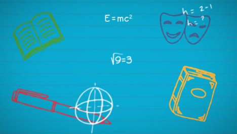 animación digital de iconos de conceptos escolares y símbolos matemáticos y fórmulas flotando contra el cual