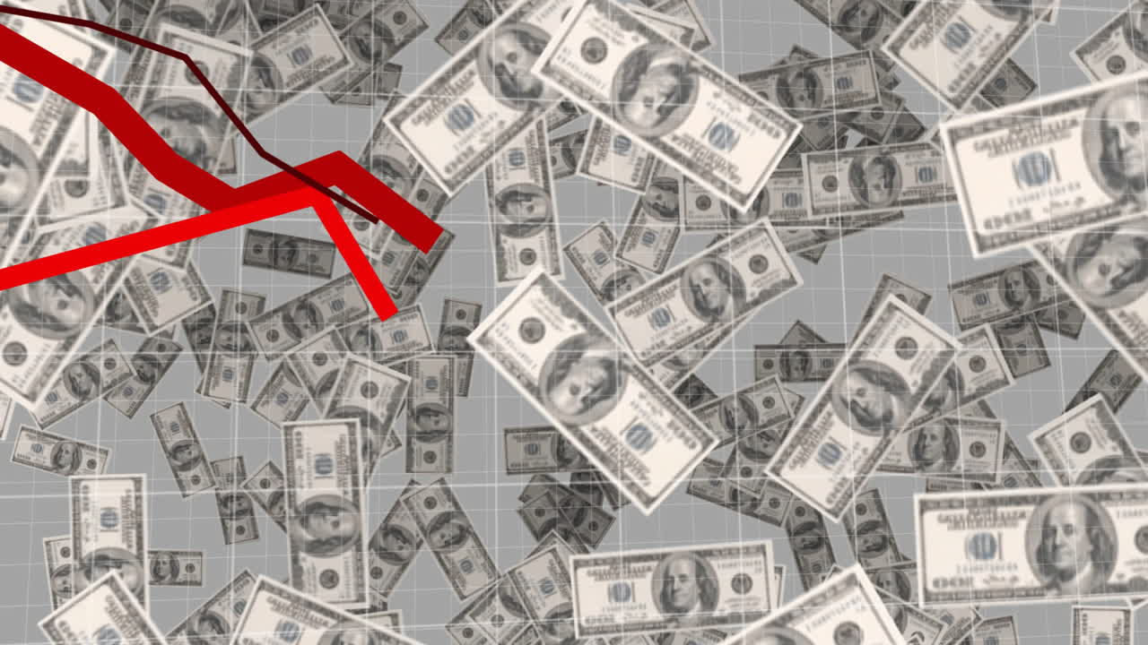 Animation of financial data processing with red lines over american dollar bills