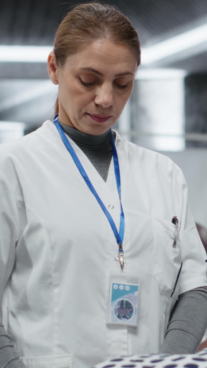 Vertical Video Doctor utilizza una lente d'ingrandimento per esaminare un vecchio paziente in laboratorio