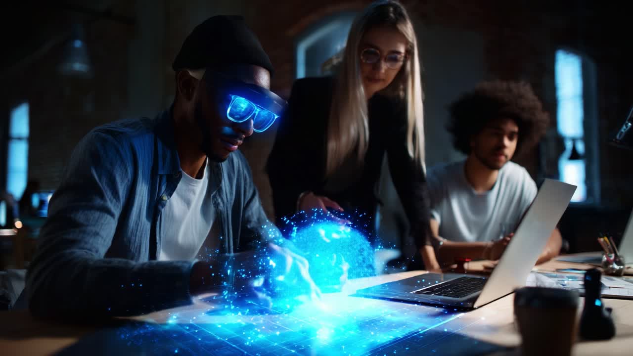 A group of diverse individuals engaged in an innovative project, showcasing futuristic technology and collaboration in a modern workspace, highlighting creativity and teamwork as they explore new ideas