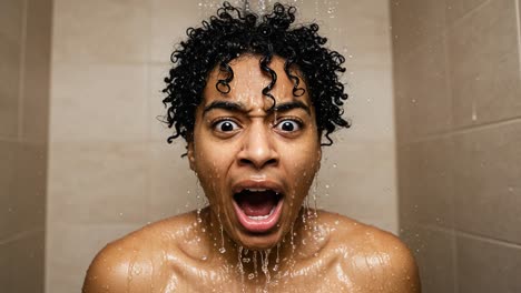 a surprising shower experience: capturing the dramatic expressions of shock and amusement under waterfall-like water in a bathroom setting
