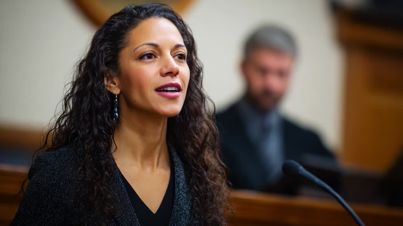 A passionate speaker addresses the courtroom, highlighting the importance of her testimony while the judge listens intently, capturing a pivotal moment in a legal proceeding that reveals deep emotions and convictions