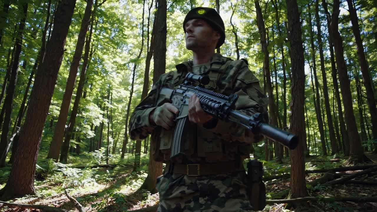 Soldato in uniforme mimetica che pattuglia una foresta verde con un fucile