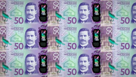 billetes de cincuenta dólares de nueva zelanda rodando, dinero en efectivo, bucle