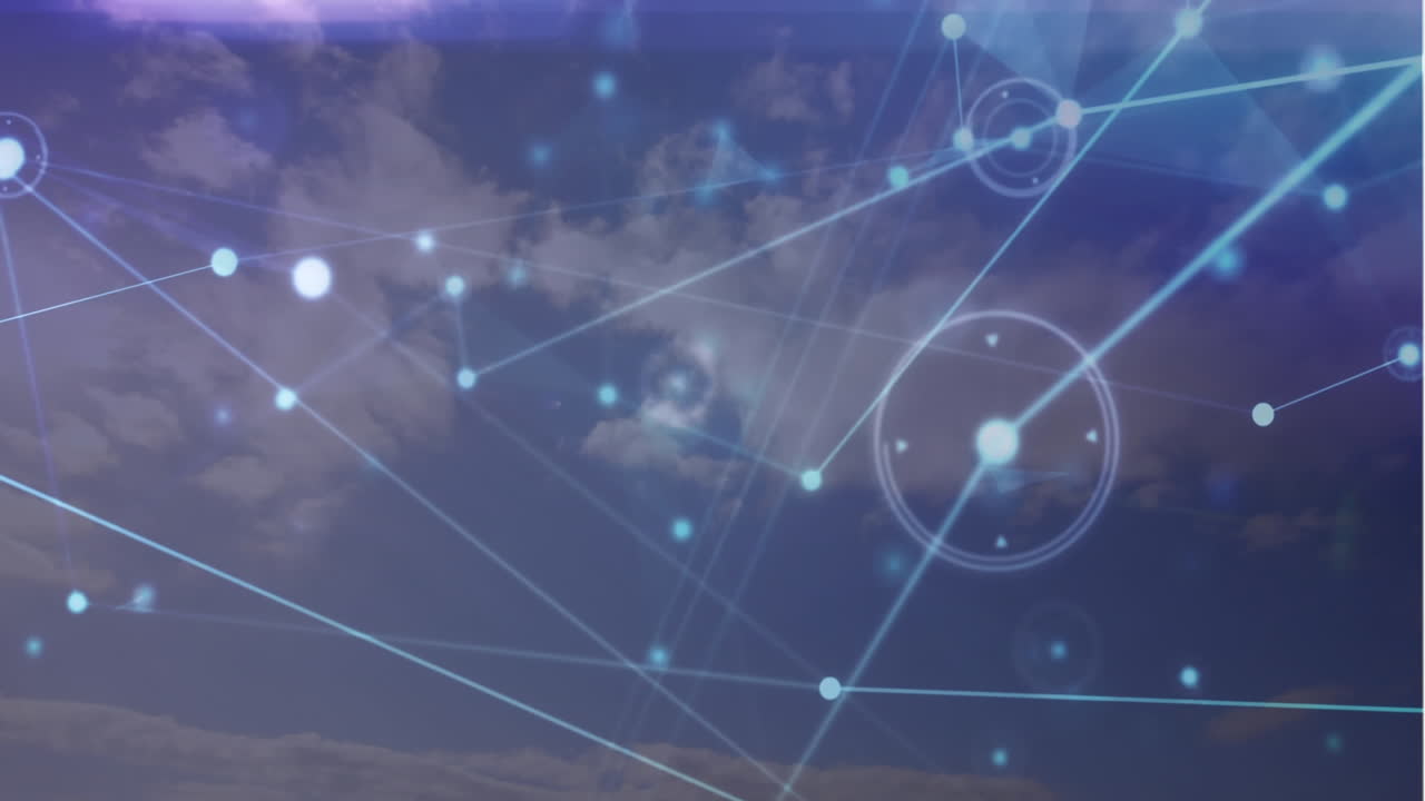 Animation of network of connections and light trails against clouds in the blue sky