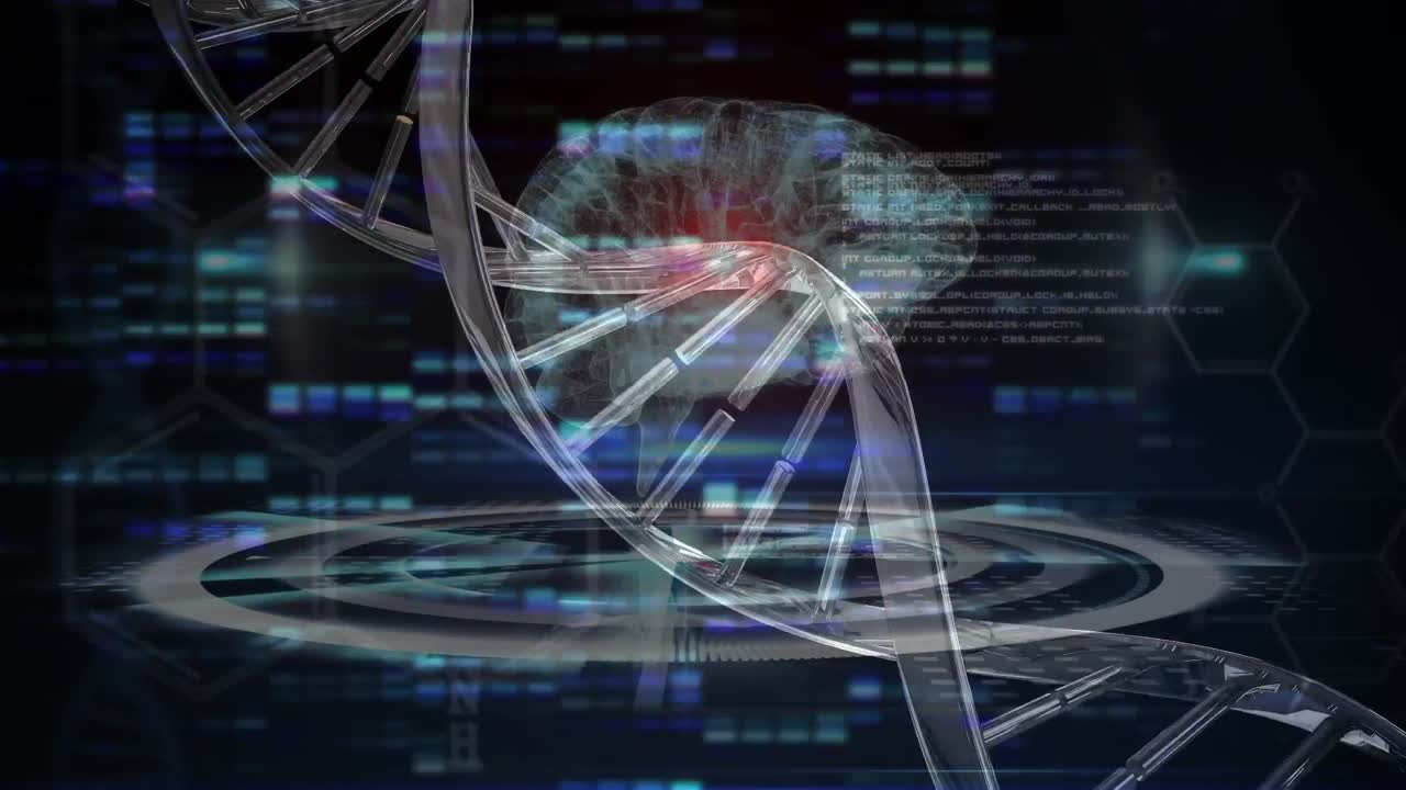 Animation of human brain, dna strand spinning and data processing