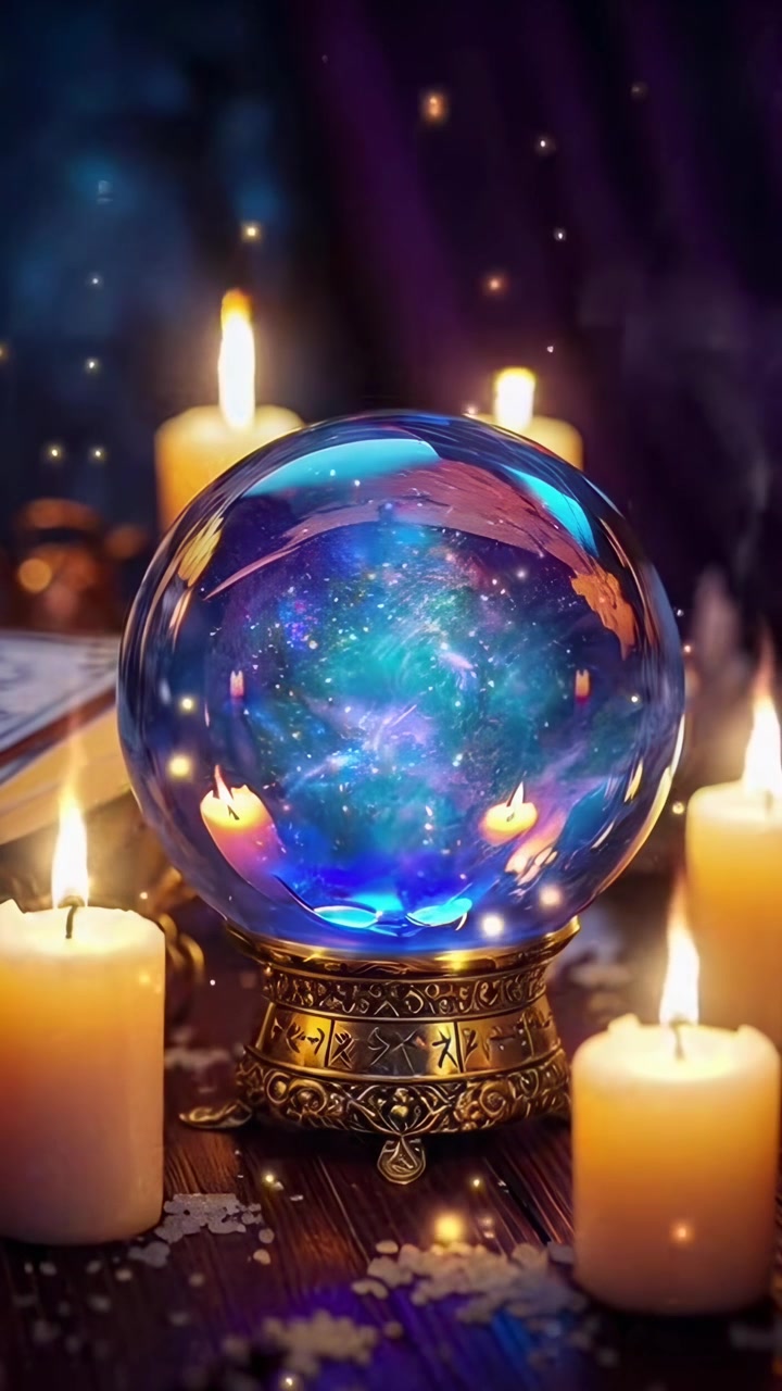 Mystical Crystal Ball with Glowing Galaxy and Candles
