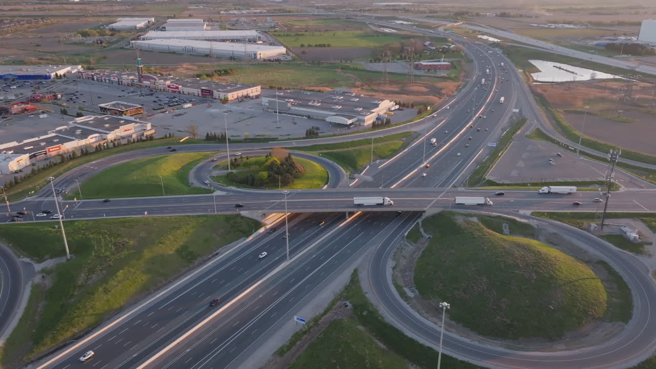 Mississauga highway 401 with slow-motion movement of vehicles, aerial view