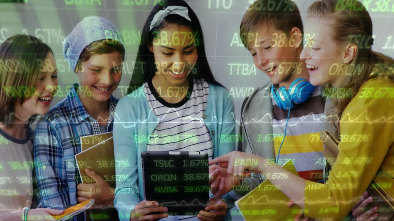 Central student tapping tablet and peers leaning in, studying green financial graphs across frame