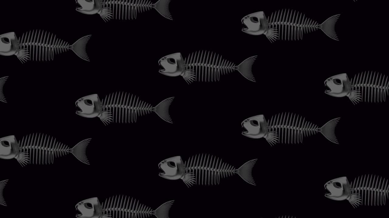검은 바탕에 움직이는 물고기 골격, 원활한 루프
