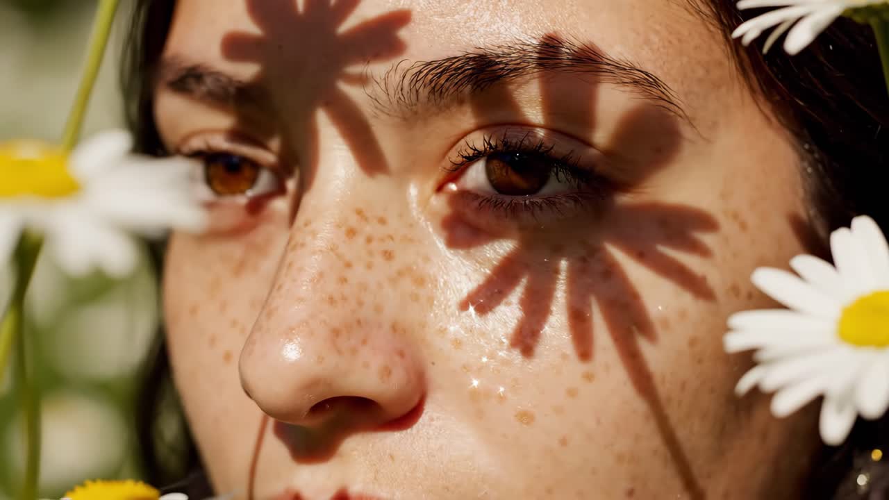 Close-up portrait of a woman with freckles among daisies