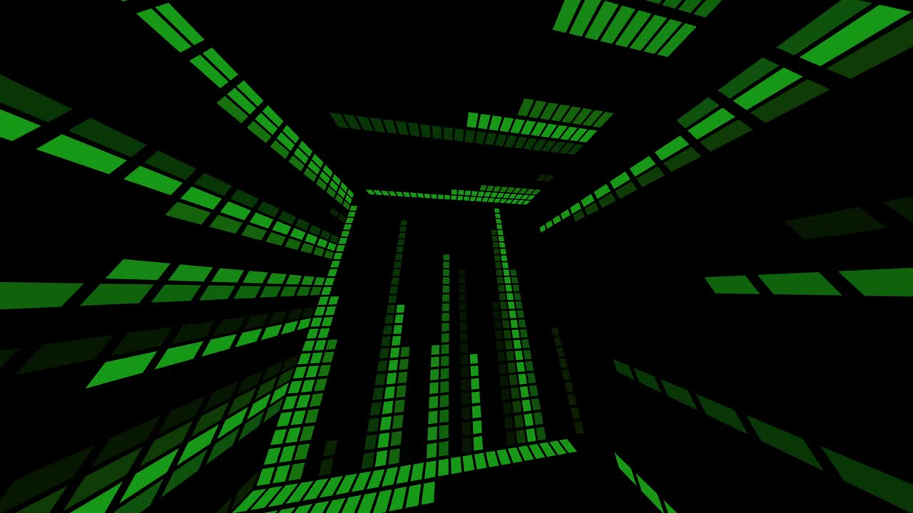 Green equalizer in a cube. 3D abstraction of a room from animated walls. Spinning hyper-perspective.