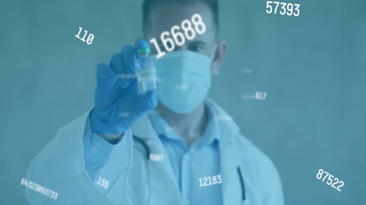 통계 숫자의 애니메이션과 백신  ⁇ 통을 들고 있는 마스크를 쓴 의사