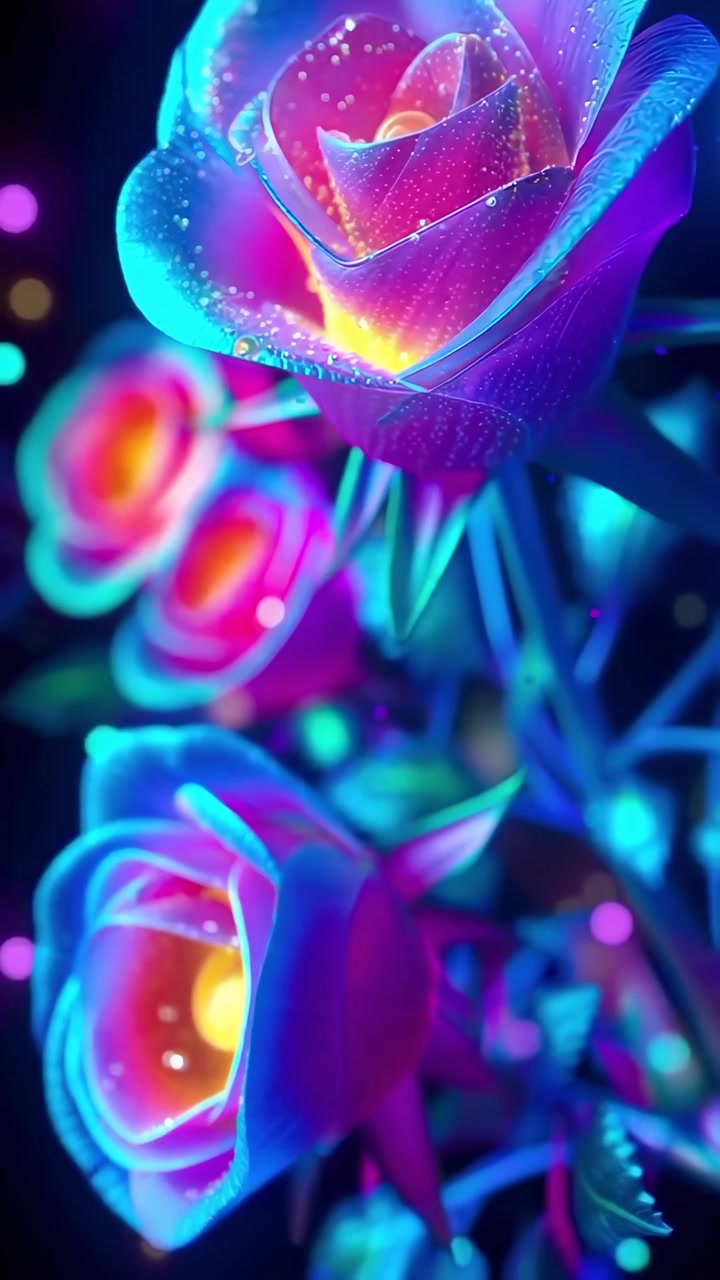 Rose al neon luminose con petali scintillanti su sfondo scuro.