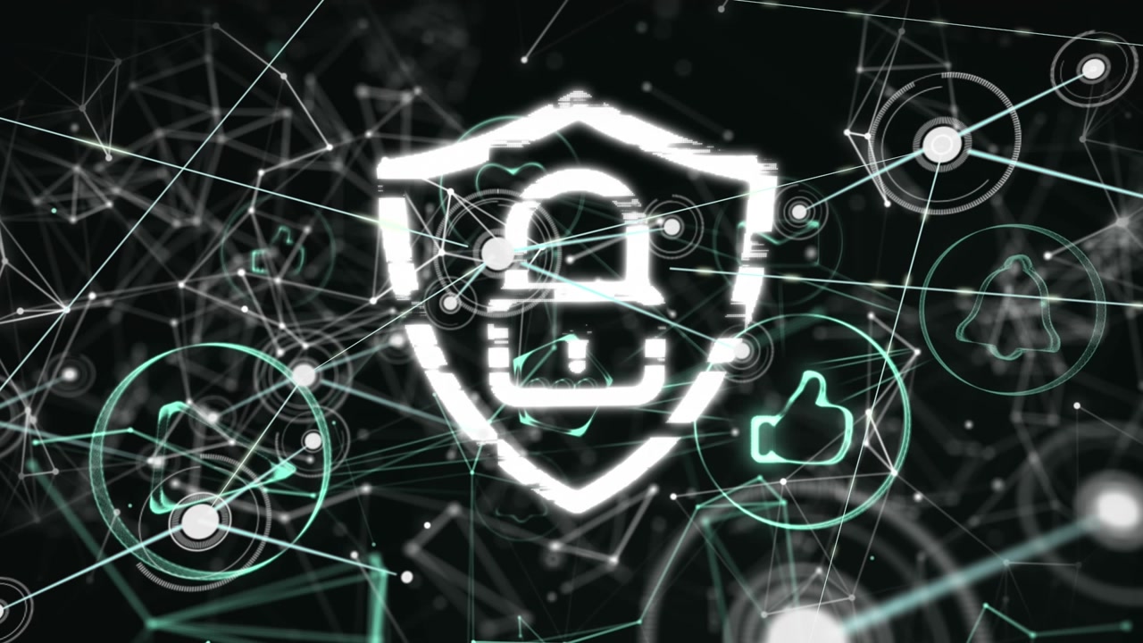 Animation of network of connections with icons over digital padlock and shield