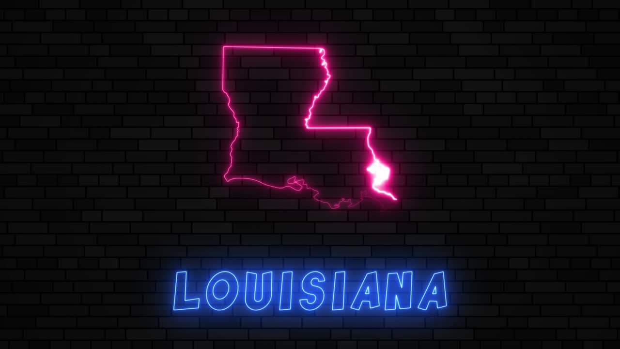estado de louisiana mapa silueta con línea de neón en un fondo de pared de ladrillo oscuro
