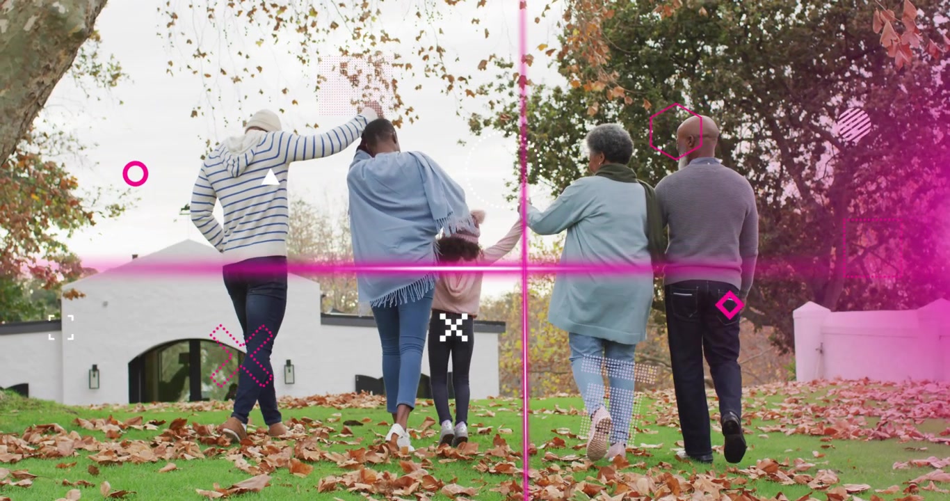 Family walking up leaf-covered lawn, activating tech overlay with pink crosshair and magenta shapes