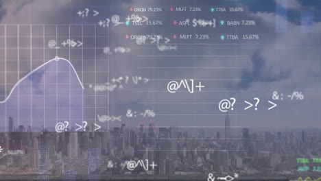 animation of financial data processing over cityscape