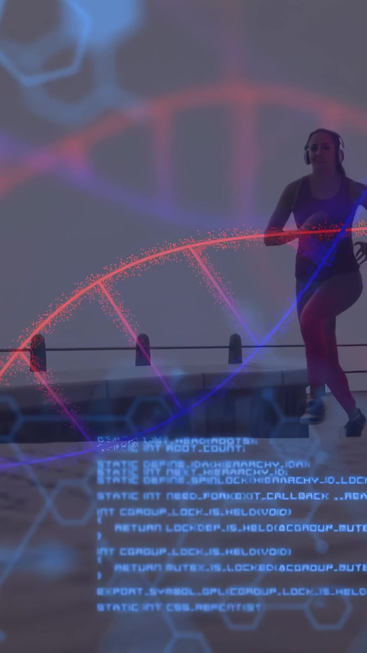 Vertical video: Runner entering, jogging walkway, DNA helix and code overlay showing health data