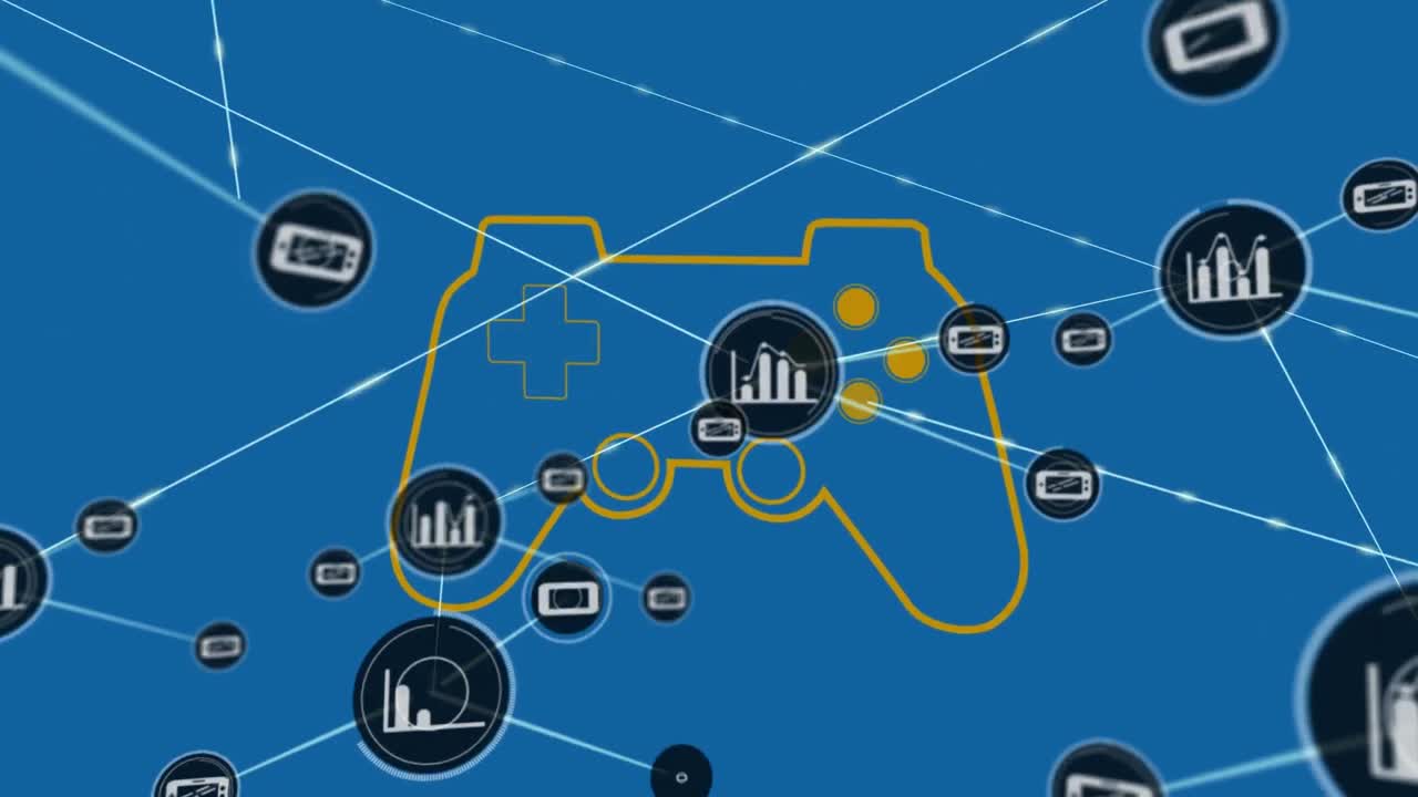Animation of network of digital icons over video game controller icon against blue background
