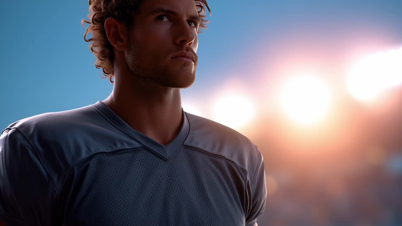 Determined Male Athlete Standing in a Stadium at Sunset