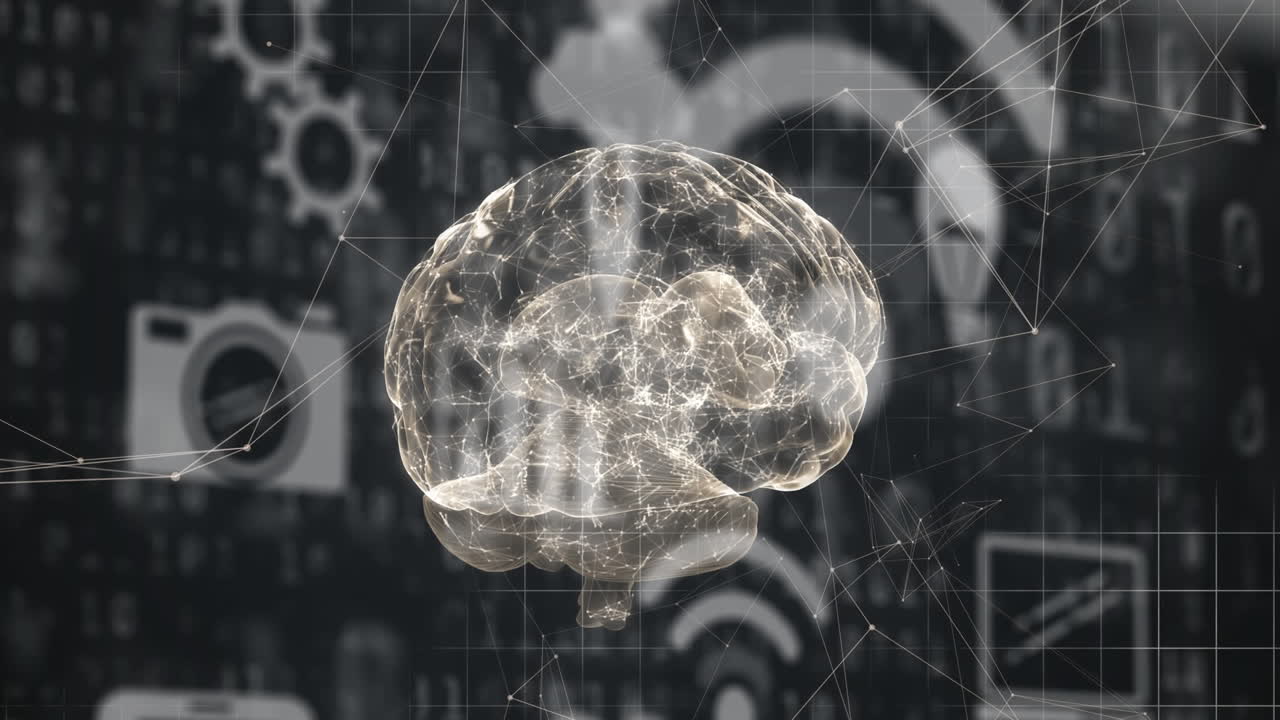 animación de un cerebro humano brillante con procesamiento de datos de interfaz digital