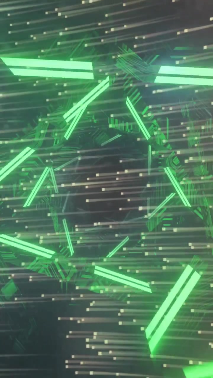 Animation of glowing light trails and green neon shapes moving over black background
