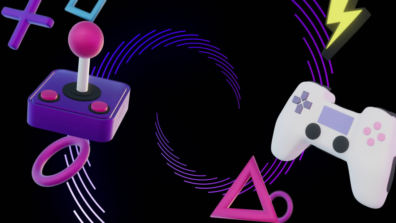 Animation of icons, gamepads and game controllers over spiral on black background