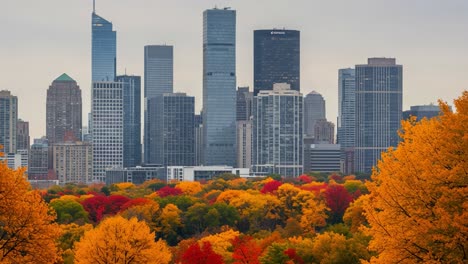 a stunning autumn scene overlooking a vibrant city skyline surrounded by fiery fall foliage, merging nature's beauty with urban splendor