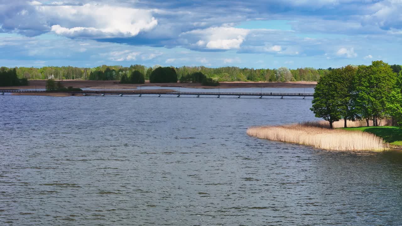 Širvėnos ežero tiltas Wooden Bridge In Lake Širvėna, Lithuania. Aerial Drone Shot