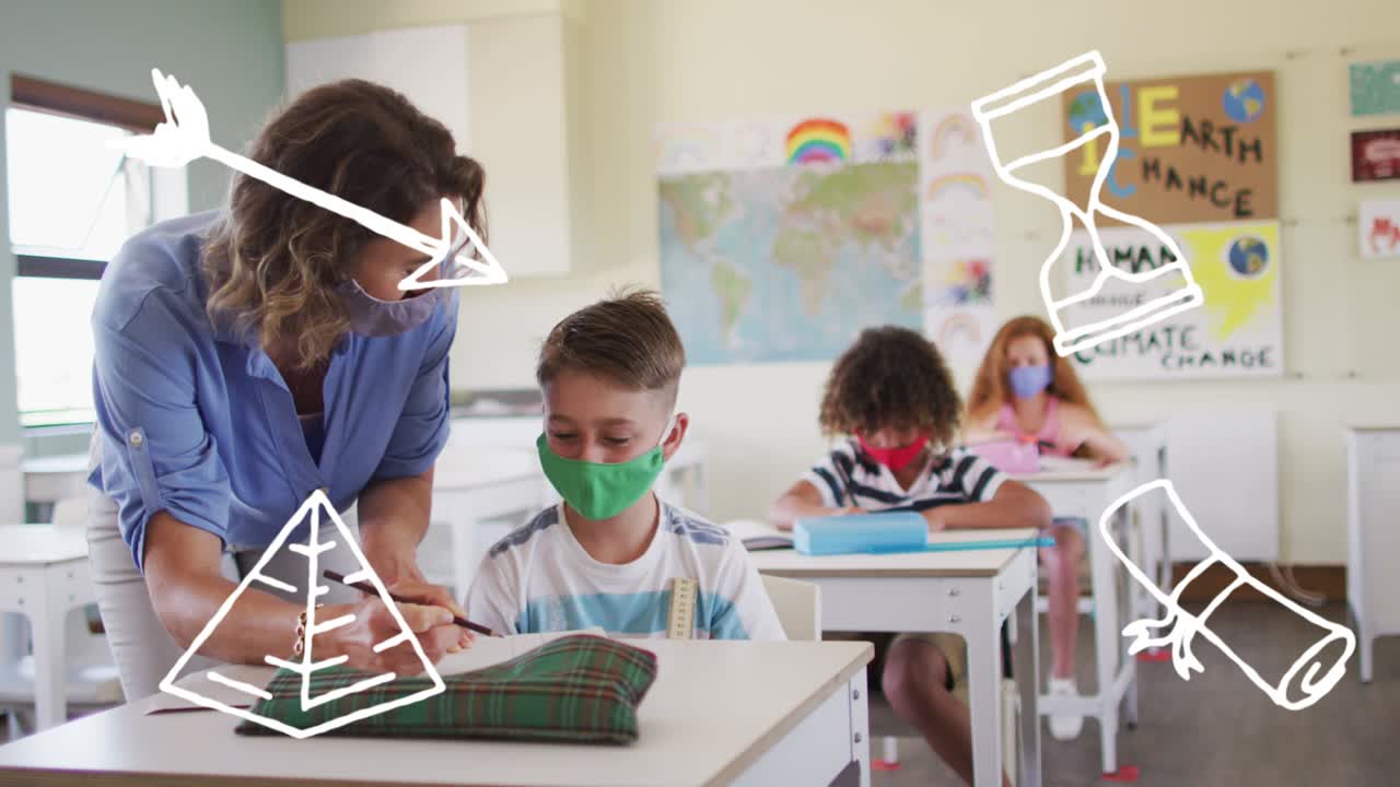 animación de elementos escolares iconos que se mueven sobre los escolares que llevan máscaras faciales