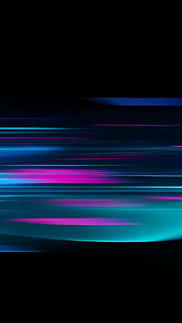Vertikal video: Startende cyan neonbånd beveger seg over svart tomrom, striper skaper flytende bevegelse.