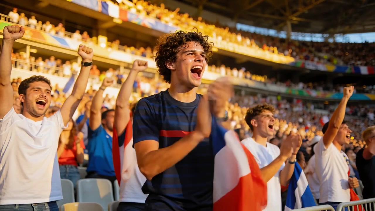 Espectador masculino animando y aficionados gritando y aplaudiendo después de un gol en las gradas, ondeando una bandera tricolor.