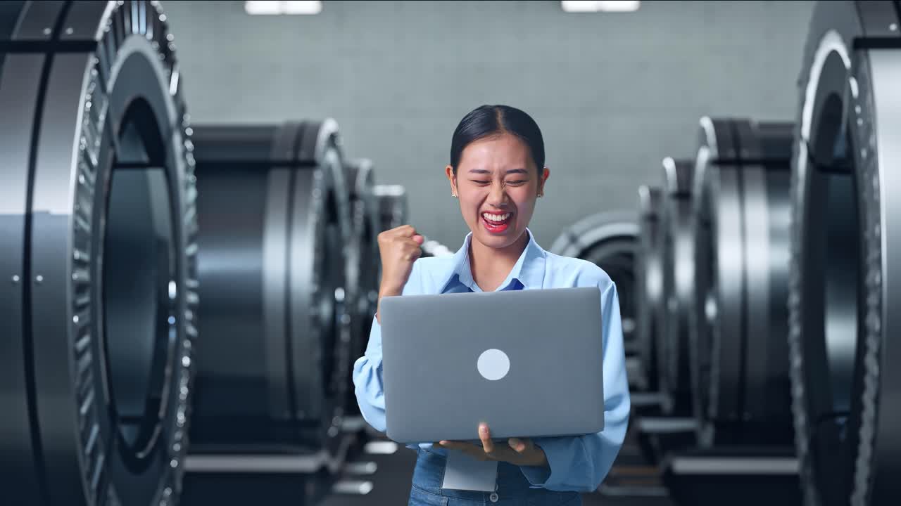 제조 환경에서 성공을 축하하는 성공한 여성