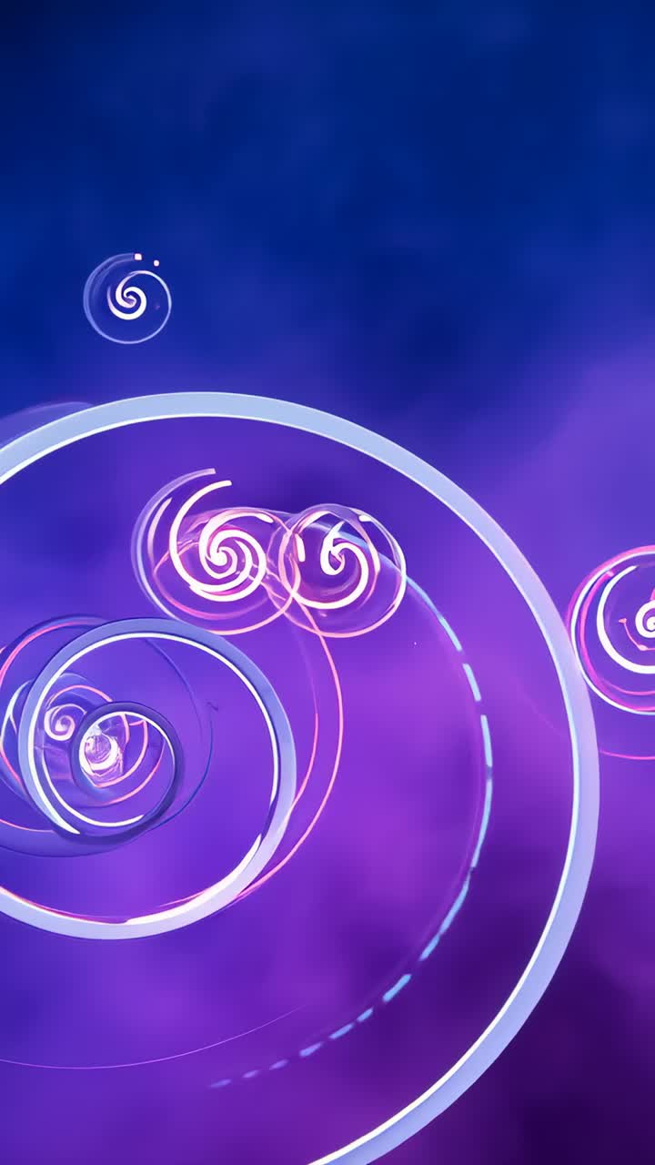 Vertical video: Rotating neon spiral expanding revealing smaller spirals in mist with dashed arcs