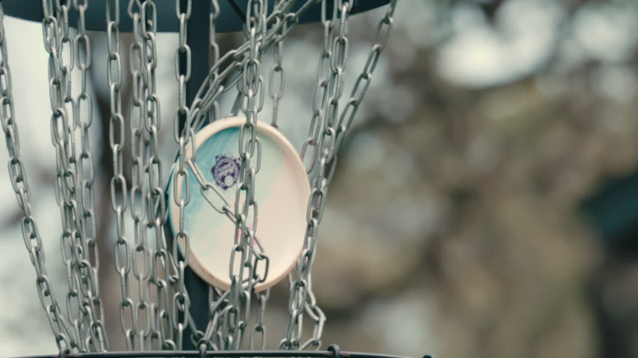 프리스비 골프 디스크 타격 체인 골 슈퍼 슬로 모션, 클로즈업 4k 800fps 디스크 골프 클립