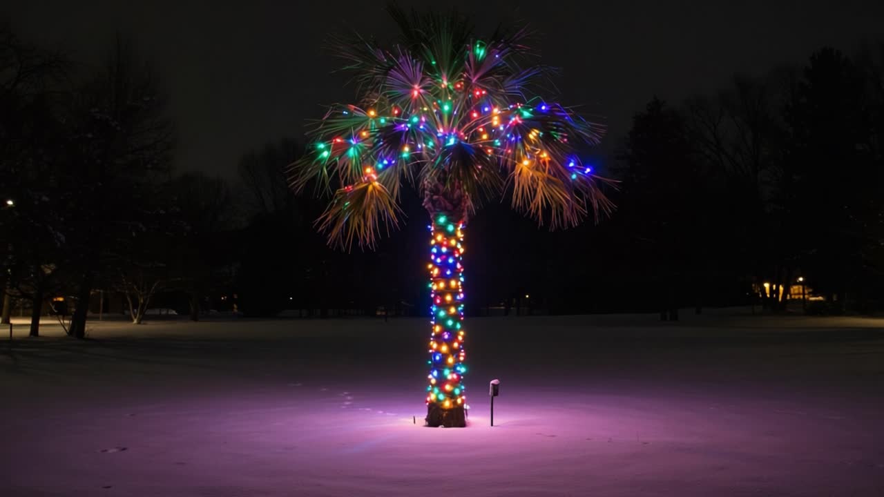 A Vibrant Palm Tree Adorned with Colorful Lights in a Winter Landscape, Illuminating the Snowy Ground with Festive Cheer During a Chilly Night
