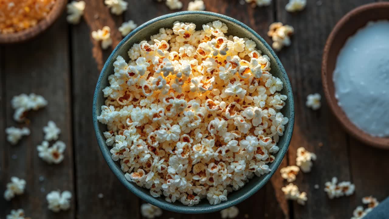 palomitas de maíz en un tazón en una mesa de madera